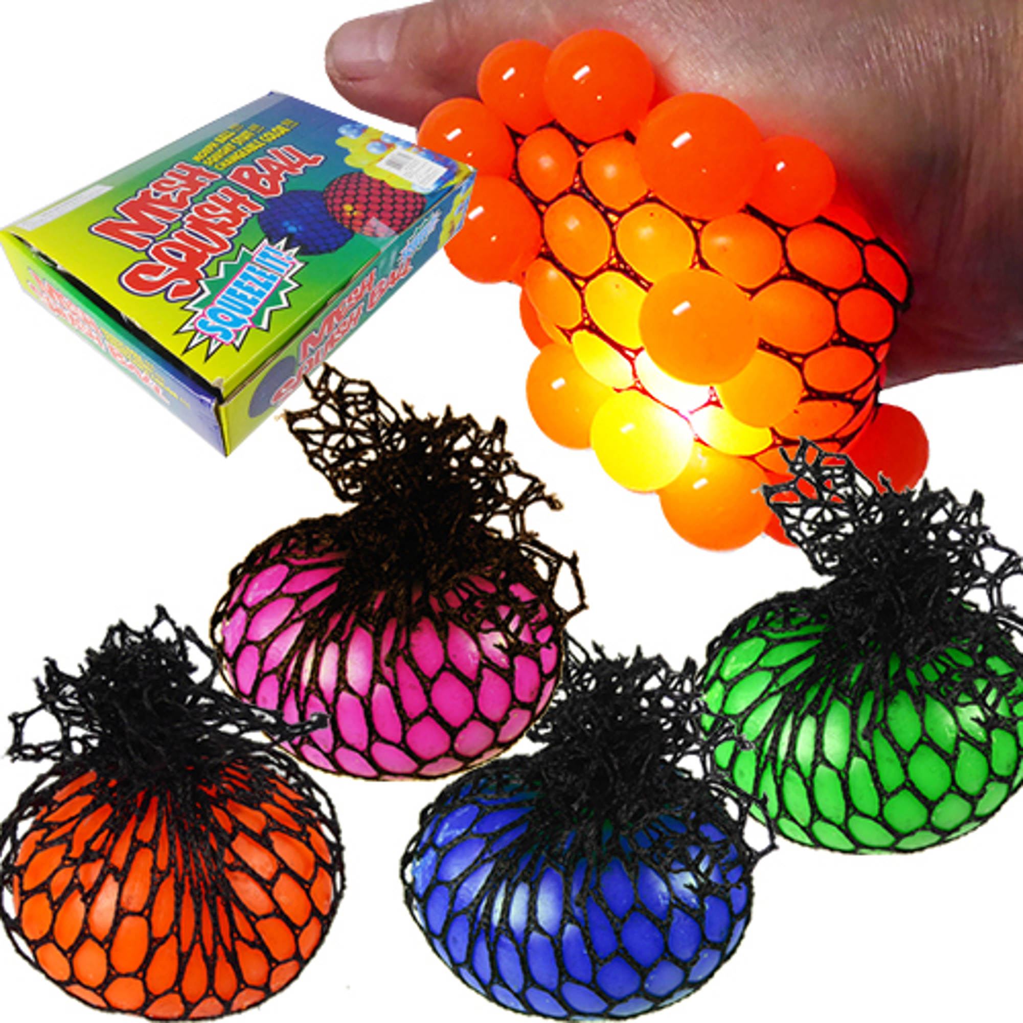 stretchy rubber ball in a net mesh such that squeezing it causes parts of it to pop out in bubbles slipping out through your fingers